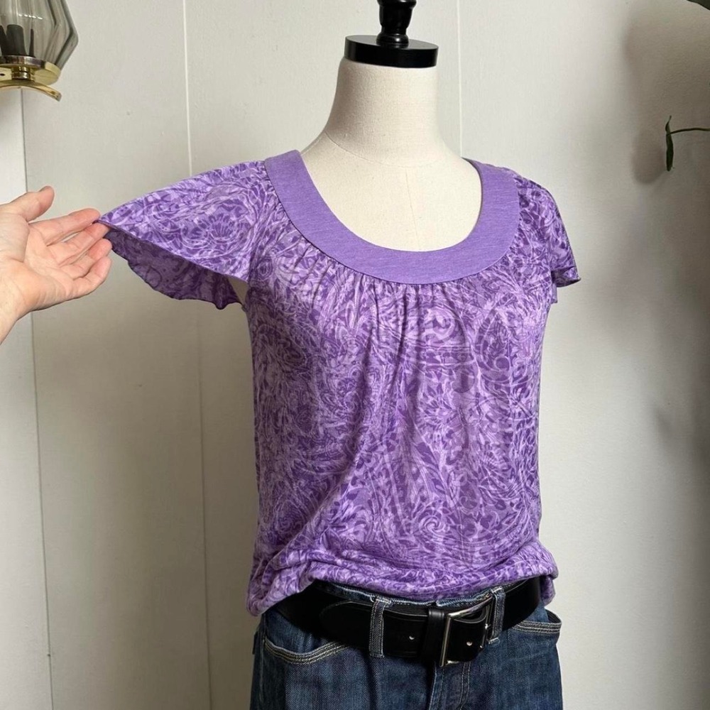 INC International Concepts Purple Paisley Sheer Fluted Sleeve Blouse Petite S